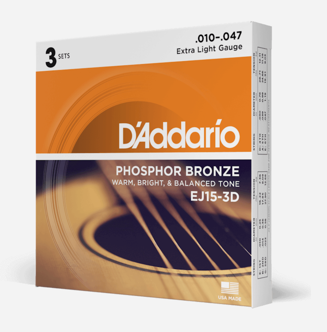 D'Addario Acoustic Guitar Strings - Phosphor Bronze - 3 Pack